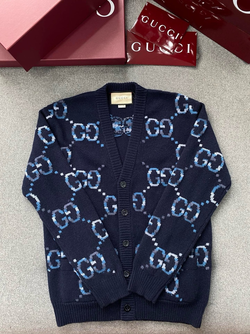 Gucci Navy V‑Neck Gradient‑Blue GG Monogram Jacquard Knit Cardigan